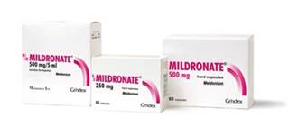 Packaging for the Mildronate brand of meldonium Packaging for the Mildronate brand of meldonium